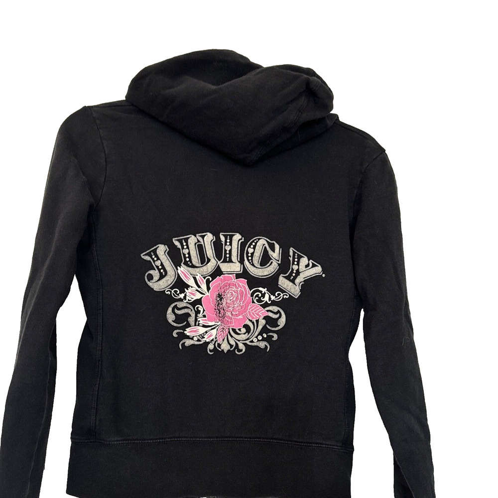 VTG Juicy Couture Black Hoodie Sweatshirt Girls Full Zip Pink Rose/Rhinestone S